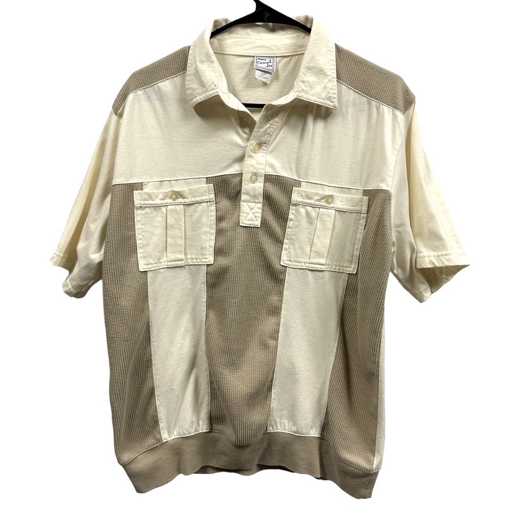 Haband Casual Joe Vintage Cream Tan Short Sleeve Double Pocket Shirt Mens Large